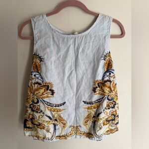 Joie linen tank top in a light blue hue with a colorful floral and paisley print